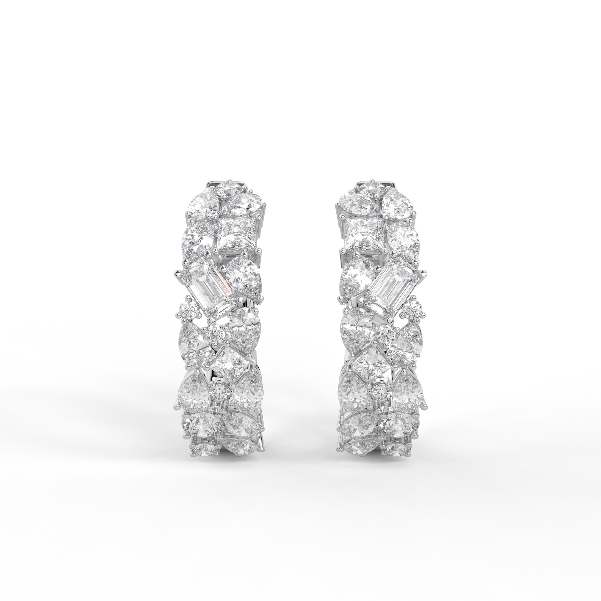 Pear Emerald Princess and Round Diamond Cluster Hoop Earrings