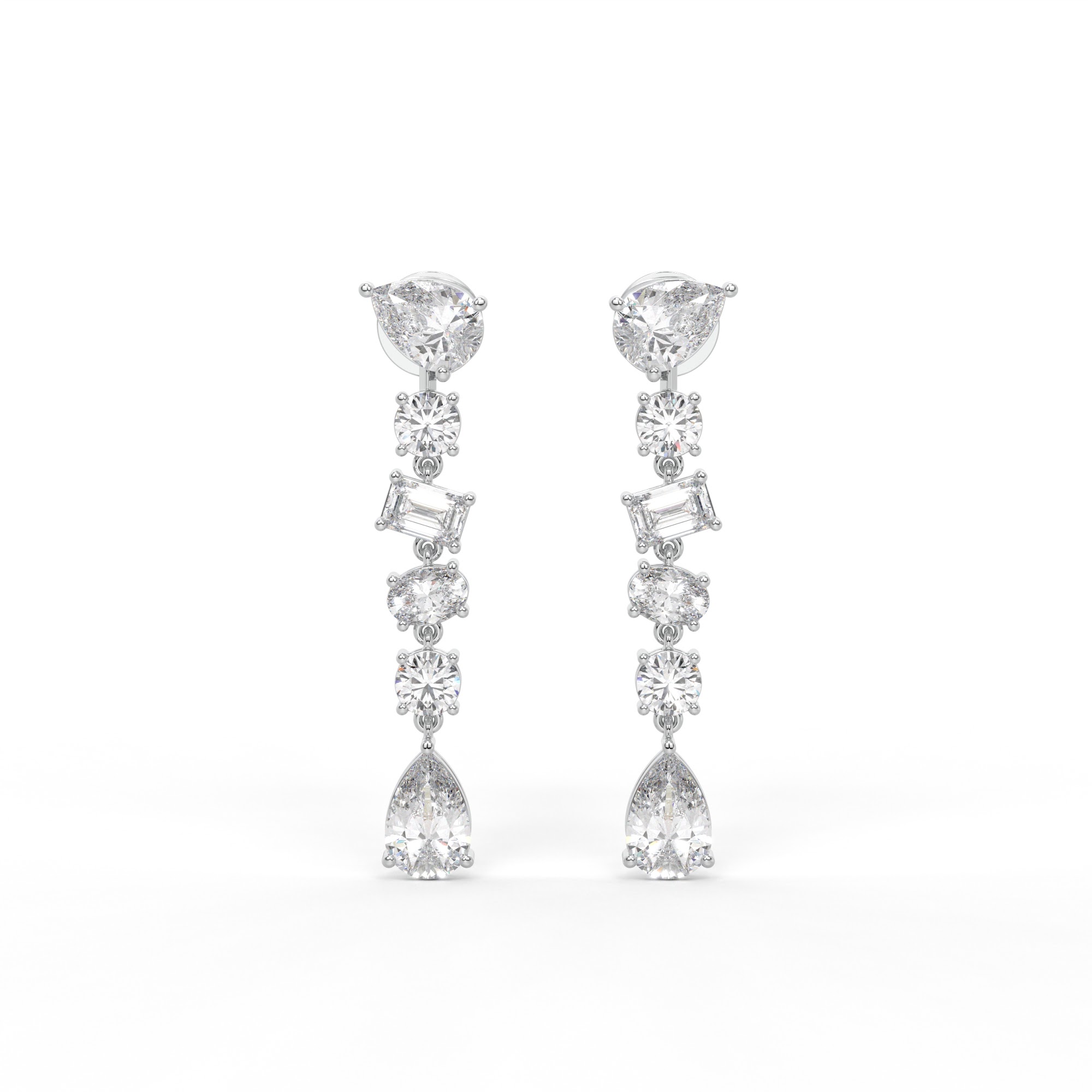 Pear Round Emerald and Oval Diamond Drop Earrings